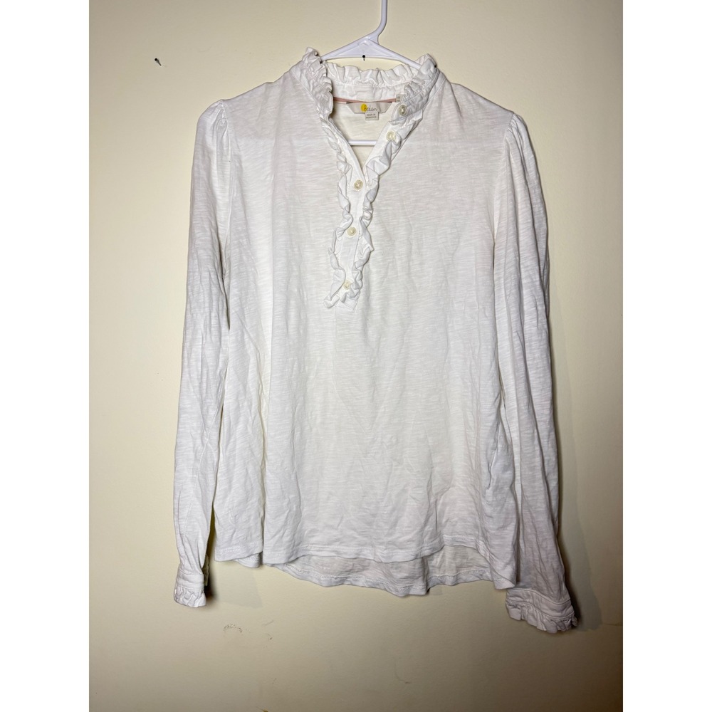 Boden White Ruffle Neck Long Sleeve Cotton Slub Jersey Blouse Top US 10 J027